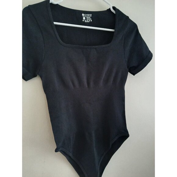 OQQ Womens L Black Ribbed Square Neck Bodysuit Short Sleeve Top Leotard Jumpsuit - Picture 2 of 5